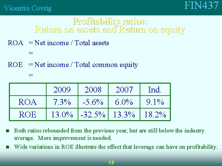 FIN 437 Vicentiu Covrig Profitability ratios: Return on assets and Return on equity ROA