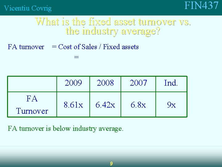 FIN 437 What is the fixed asset turnover vs. the industry average? Vicentiu Covrig