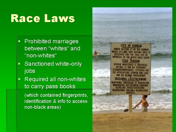 Race Laws § Prohibited marriages between “whites” and “non-whites” § Sanctioned white-only jobs §