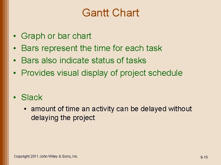 Gantt Chart • • Graph or bar chart Bars represent the time for each Gantt Chart • • Graph or bar chart Bars represent the time for each