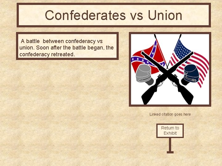 Confederates vs Union A battle between confederacy vs union. Soon after the battle began,