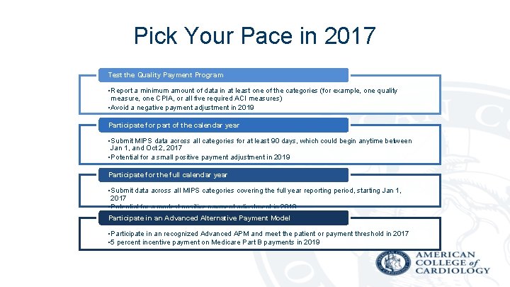 Pick Your Pace in 2017 Test the Quality Payment Program • Report a minimum