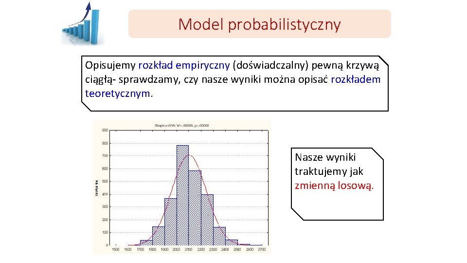Model probabilistyczny Opisujemy rozkład empiryczny (doświadczalny) pewną krzywą ciągłą- sprawdzamy, czy nasze wyniki można