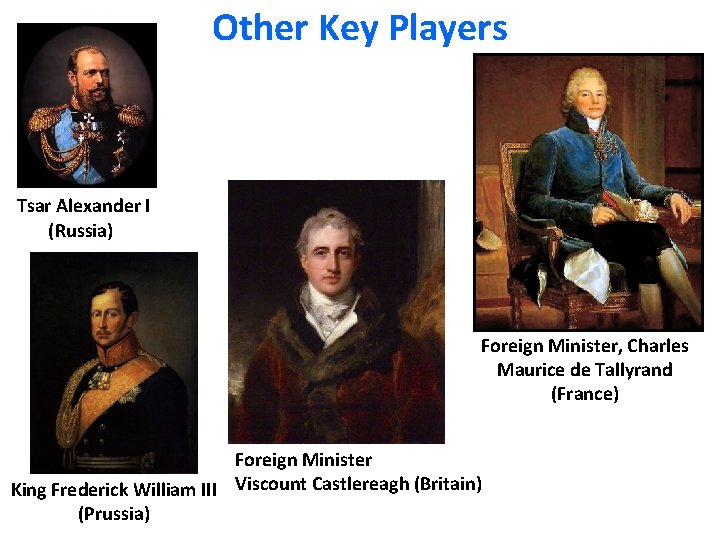 Other Key Players Tsar Alexander I (Russia) Foreign Minister, Charles Maurice de Tallyrand (France)