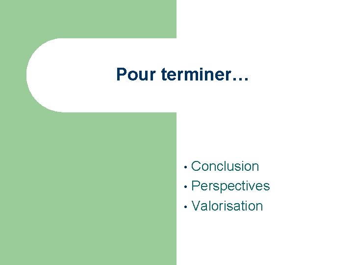 Pour terminer… Conclusion • Perspectives • Valorisation • 