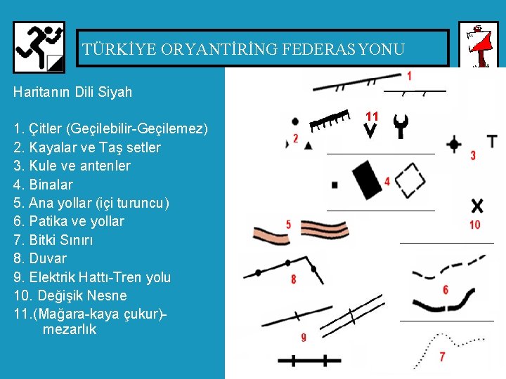 TÜRKİYE ORYANTİRİNG FEDERASYONU Haritanın Dili Siyah 1. Çitler (Geçilebilir-Geçilemez) 2. Kayalar ve Taş setler