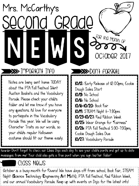 Mrs. Mc. Carthy’s Second Grade October 2017 Important Info Notes are being sent home