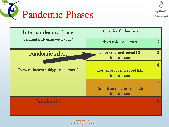 Pandemic Phases Interpandemic phase "Animal influenza outbreaks" Pandemic Alert "New influenza subtype in humans"