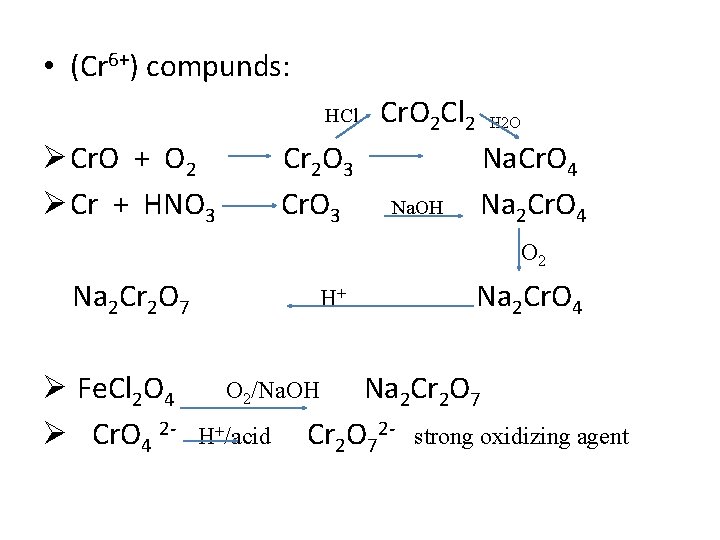  • (Cr 6+) compunds: HCl Ø Cr. O + O 2 Ø Cr