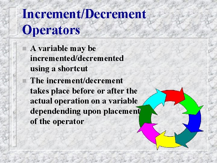 Increment/Decrement Operators n n A variable may be incremented/decremented using a shortcut The increment/decrement Increment/Decrement Operators n n A variable may be incremented/decremented using a shortcut The increment/decrement