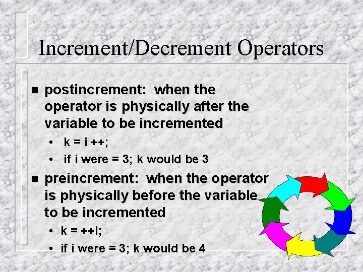 Increment/Decrement Operators n postincrement: when the operator is physically after the variable to be Increment/Decrement Operators n postincrement: when the operator is physically after the variable to be