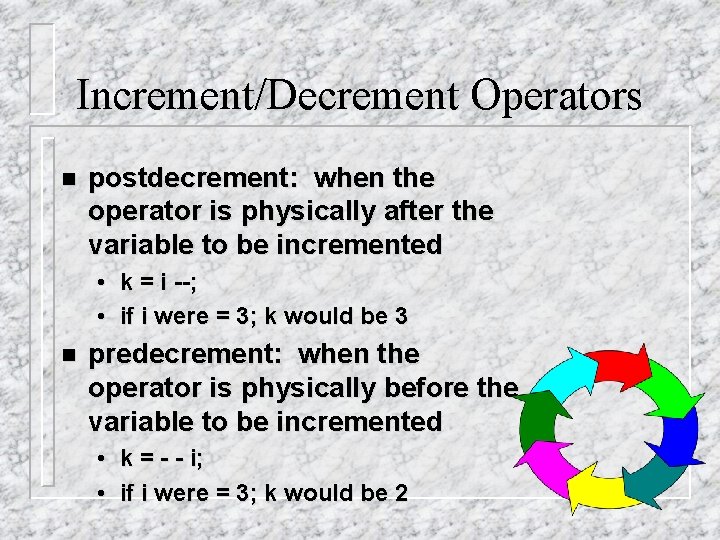 Increment/Decrement Operators n postdecrement: when the operator is physically after the variable to be Increment/Decrement Operators n postdecrement: when the operator is physically after the variable to be