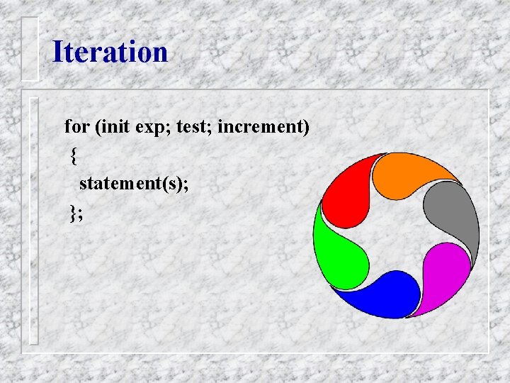 Iteration for (init exp; test; increment) { statement(s); }; Iteration for (init exp; test; increment) { statement(s); };