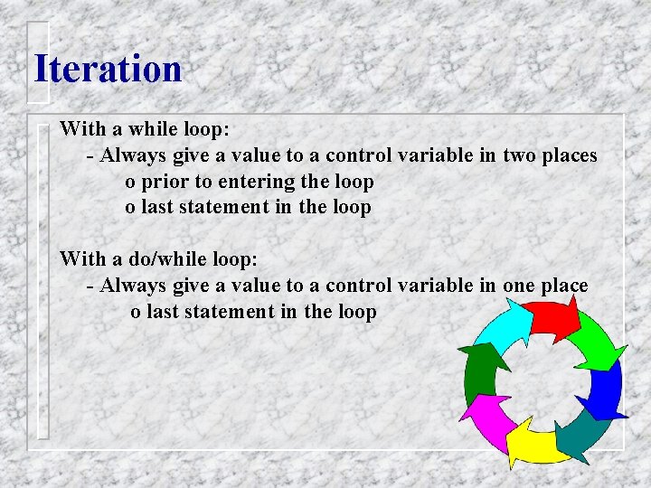 Iteration With a while loop: - Always give a value to a control variable Iteration With a while loop: - Always give a value to a control variable