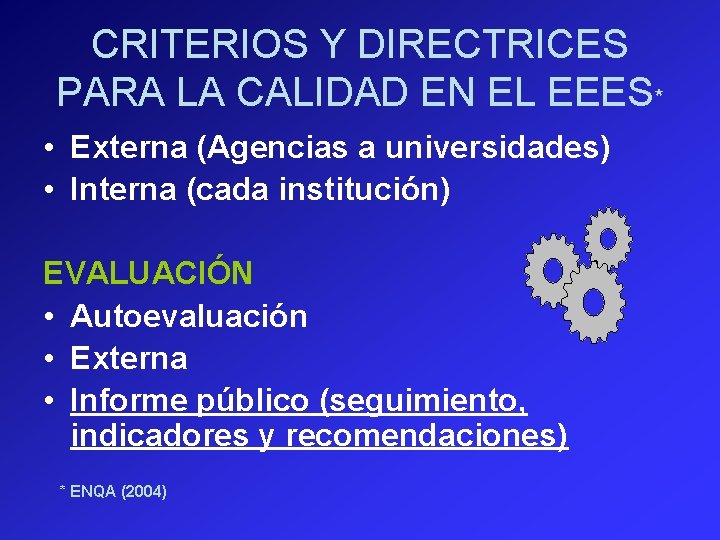 CRITERIOS Y DIRECTRICES PARA LA CALIDAD EN EL EEES* • Externa (Agencias a universidades)