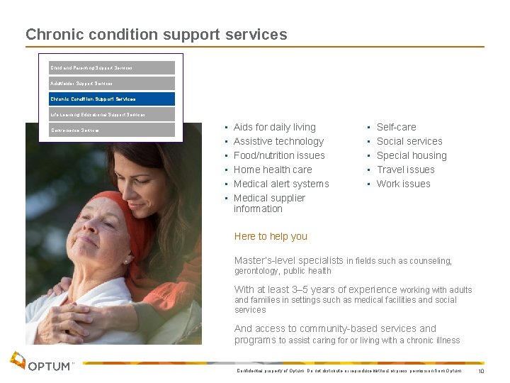 Chronic condition support services Child and Parenting Support Services Adult/elder Support Services Chronic Condition
