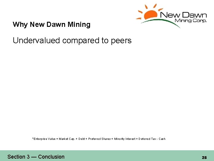 Why New Dawn Mining Undervalued compared to peers *Enterprise Value = Market Cap. +