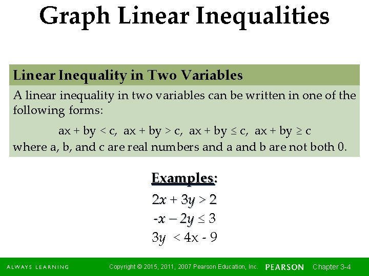 Graph Linear Inequalities Linear Inequality in Two Variables A linear inequality in two variables