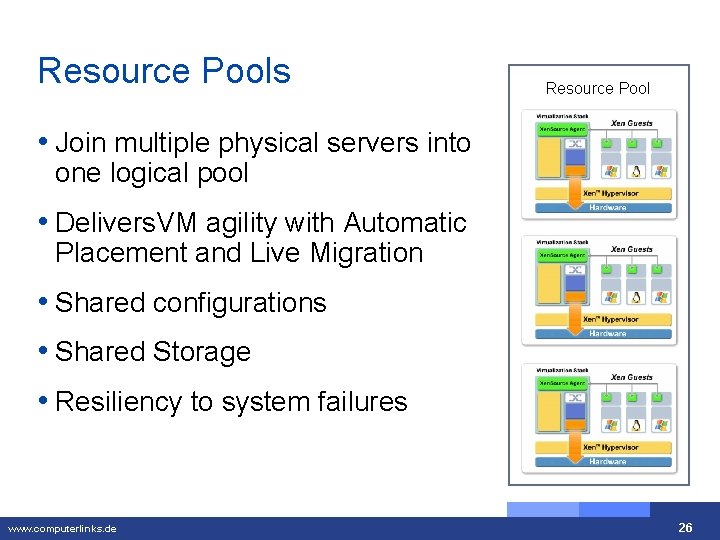 Resource Pools Resource Pool • Join multiple physical servers into one logical pool •