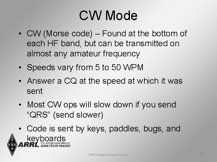 CW Mode • CW (Morse code) – Found at the bottom of each HF
