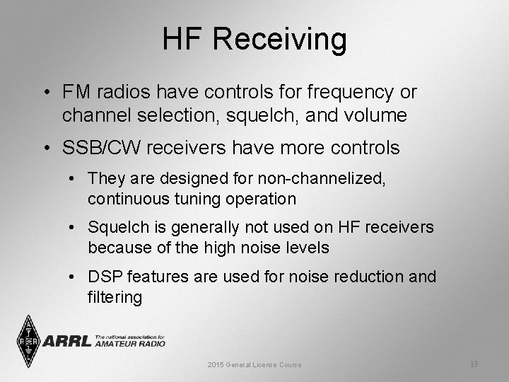 HF Receiving • FM radios have controls for frequency or channel selection, squelch, and