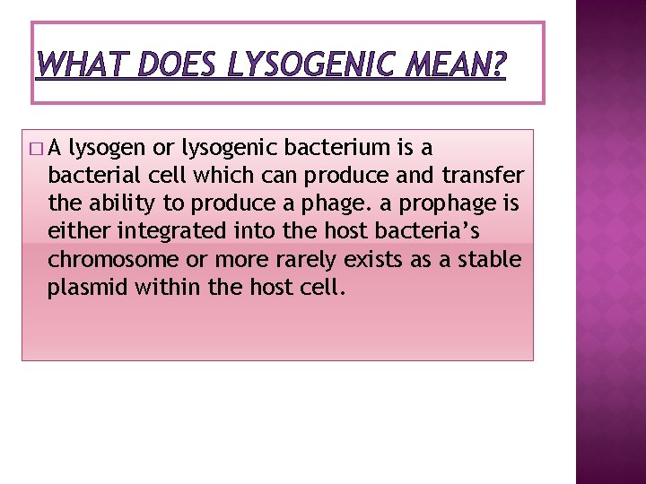 WHAT DOES LYSOGENIC MEAN? �A lysogen or lysogenic bacterium is a bacterial cell which