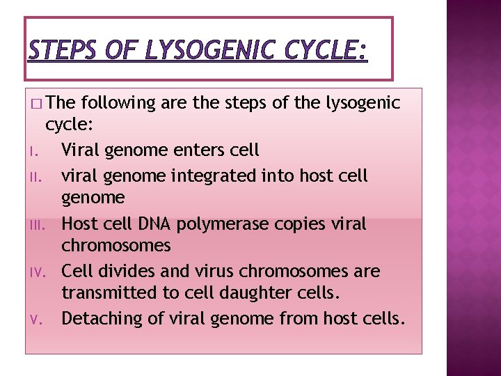 STEPS OF LYSOGENIC CYCLE: � The following are the steps of the lysogenic cycle: