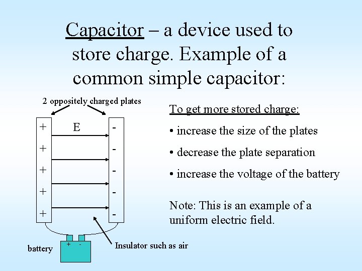 Capacitor – a device used to store charge. Example of a common simple capacitor: