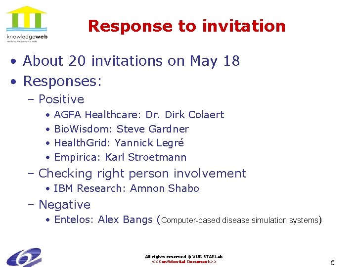 Response to invitation • About 20 invitations on May 18 • Responses: – Positive