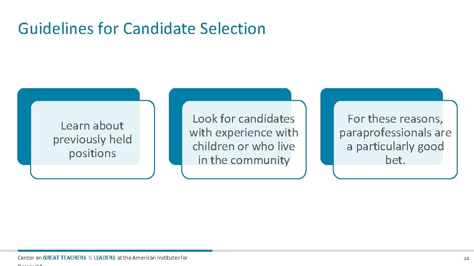 Guidelines for Candidate Selection Learn about previously held positions Center on GREAT TEACHERS &