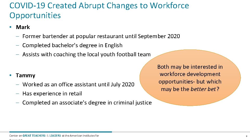 COVID-19 Created Abrupt Changes to Workforce Opportunities • Mark – Former bartender at popular