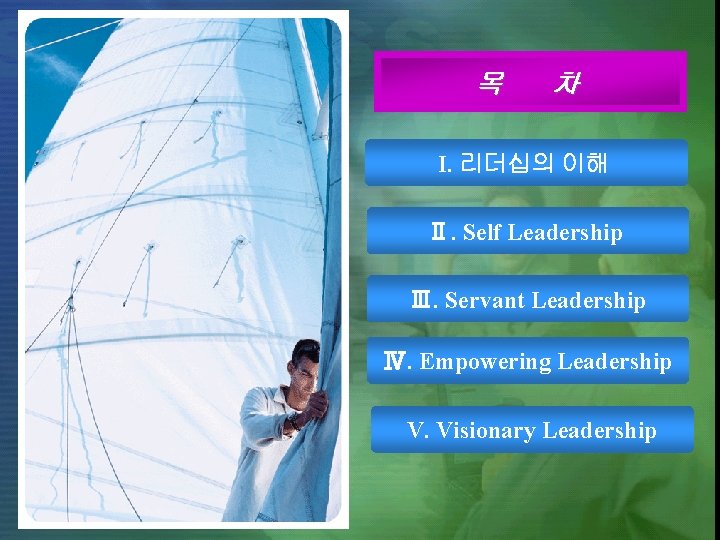 목 차 I. 리더십의 이해 Ⅱ. Self Leadership Ⅲ. Servant Leadership Ⅳ. Empowering Leadership