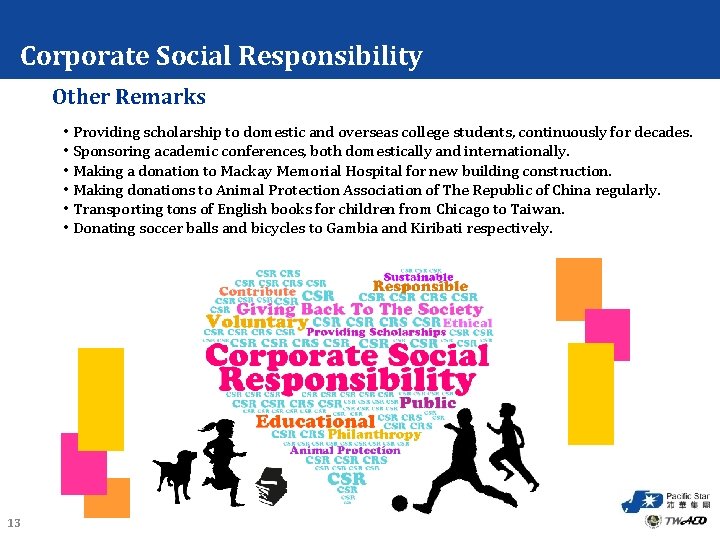 Corporate Social Responsibility Other Remarks • Providing scholarship to domestic and overseas college students,