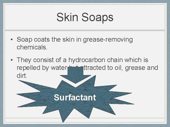 Skin Soaps • Soap coats the skin in grease-removing chemicals. • They consist of