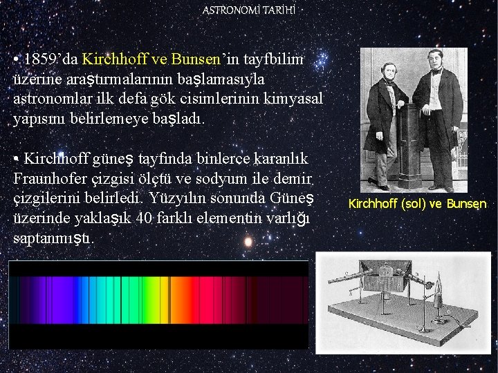 ASTRONOMİ TARİHİ • 1859’da Kirchhoff ve Bunsen’in tayfbilim üzerine araştırmalarının başlamasıyla astronomlar ilk defa