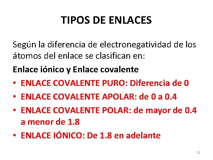 TIPOS DE ENLACES Según la diferencia de electronegatividad de los átomos del enlace se