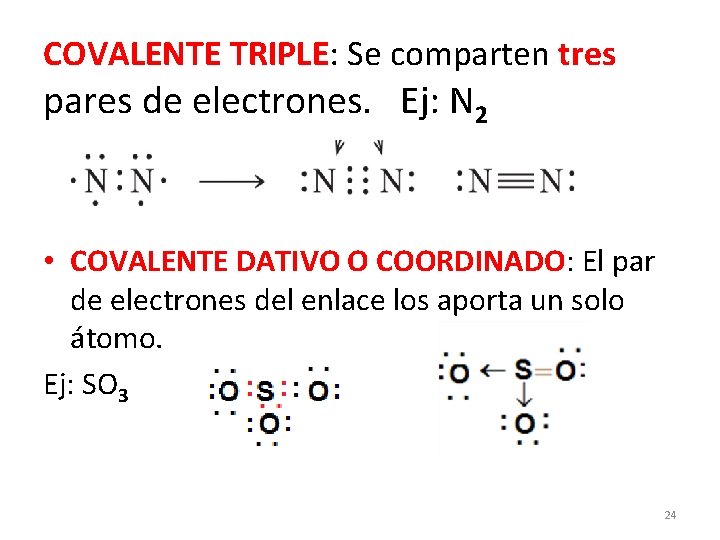 COVALENTE TRIPLE: Se comparten tres pares de electrones. Ej: N 2 • COVALENTE DATIVO