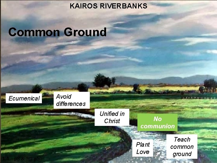 KAIROS RIVERBANKS Common Ground Ecumenical Avoid differences Unified in Christ No communion Plant Love