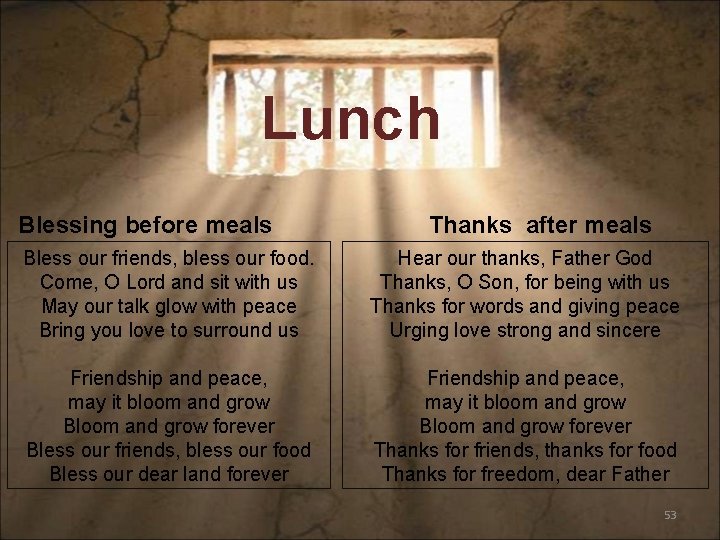 Lunch Blessing before meals Thanks after meals Bless our friends, bless our food. Come,