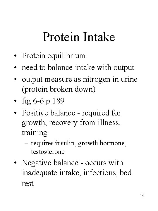 Protein Intake • Protein equilibrium • need to balance intake with output • output