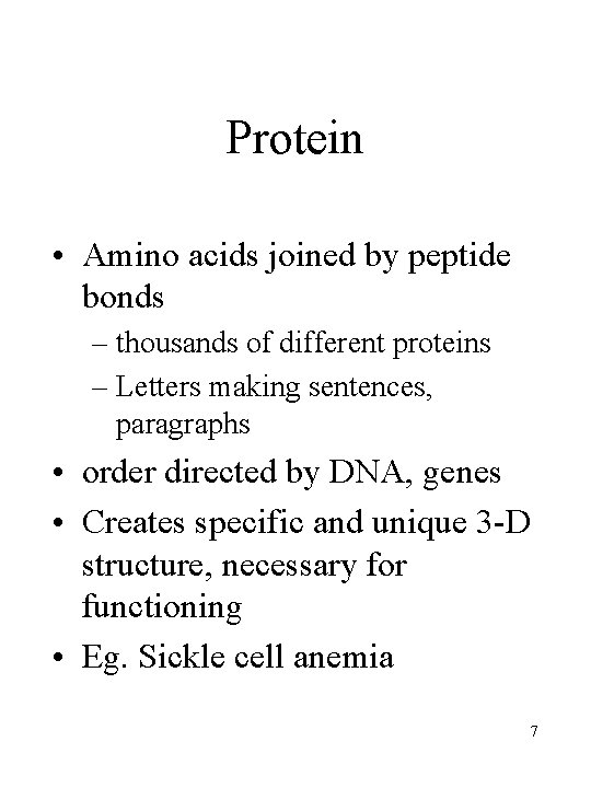 Protein • Amino acids joined by peptide bonds – thousands of different proteins –