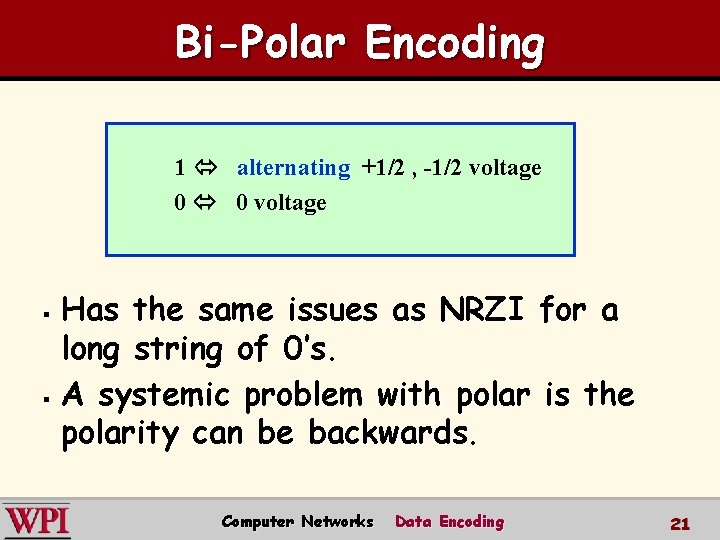 Bi-Polar Encoding 1 alternating +1/2 , -1/2 voltage 0 0 voltage Has the same