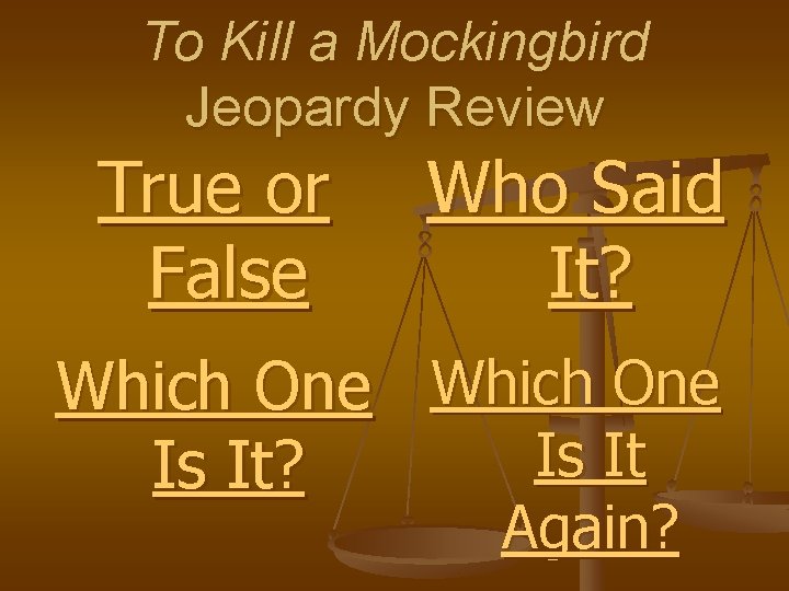 To Kill a Mockingbird Jeopardy Review True or False Who Said It? Which One