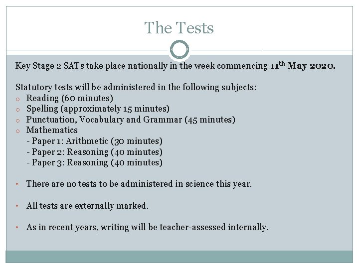 The Tests Key Stage 2 SATs take place nationally in the week commencing 11