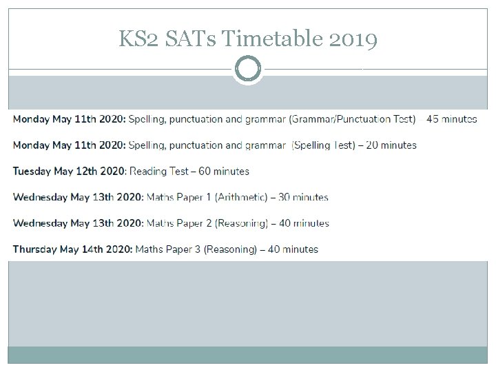 KS 2 SATs Timetable 2019 