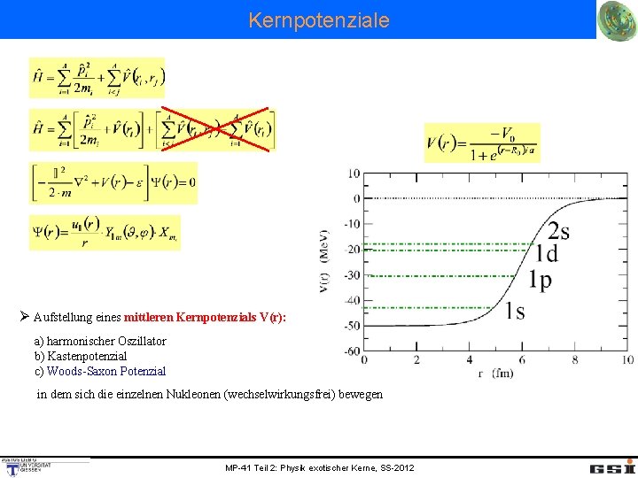 Kernpotenziale Ø Aufstellung eines mittleren Kernpotenzials V(r): a) harmonischer Oszillator b) Kastenpotenzial c) Woods-Saxon