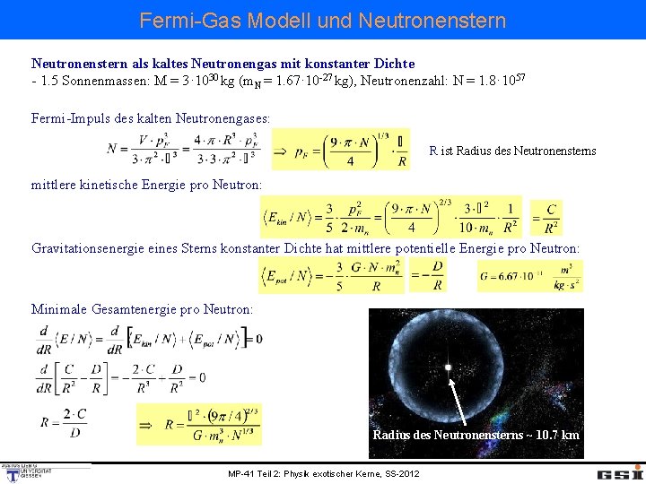 Fermi-Gas Modell und Neutronenstern als kaltes Neutronengas mit konstanter Dichte - 1. 5 Sonnenmassen: