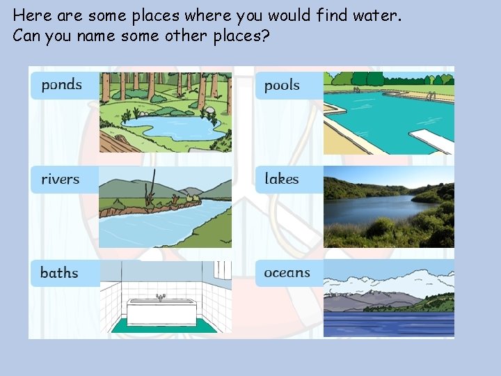 Here are some places where you would find water. Can you name some other