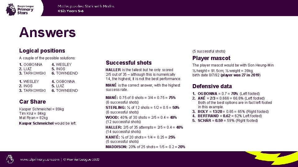 Answers Logical positions (5 successful shots) A couple of the possible solutions: Player mascot