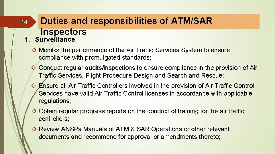 14 Duties and responsibilities of ATM/SAR Inspectors 1. Surveillance Monitor the performance of the